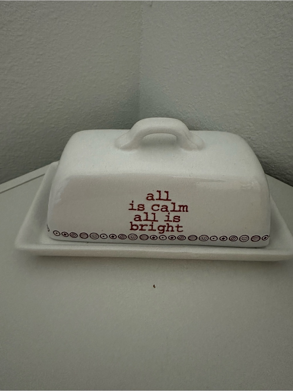 Joseph White Ceramic Butter Dish with Red Lettering